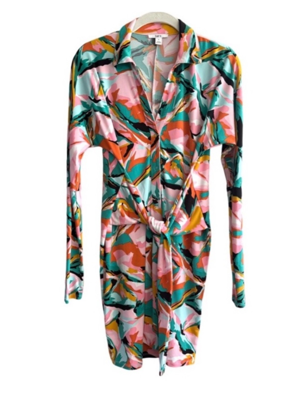 Bar III Long Sleeve Mini Dress Retro Styling Bright Burst Green Pink Size S